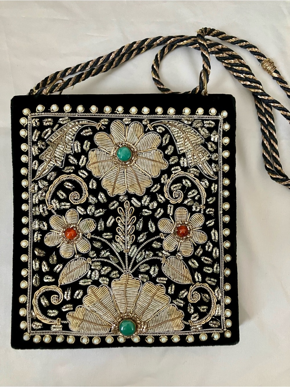 Vintage Embellished Floral Black Shoulder Bag with Gold Embroidery
